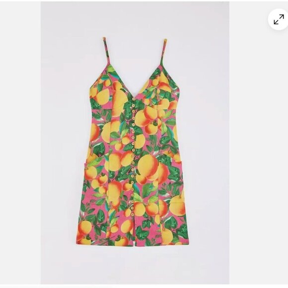 FARM Rio Orange Sunset Boho Summer Fruit Print Strappy Linen Dress Size X-Large - Picture 3 of 4